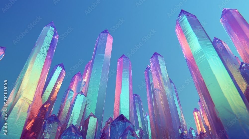 Iridescent Crystal Clusters Against a Blue Sky Iridescent Crystal Clusters Against a Blue Sky