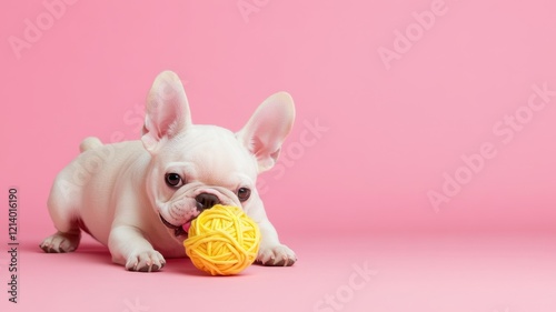 Dog playtime routines concept Adorable puppy playing with a yellow ball on a pink background