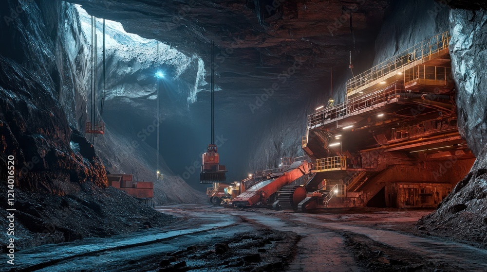 Underground Mining Operation Showing Heavy Machinery and Excavations Underground Mining Operation Showing Heavy Machinery and Excavations