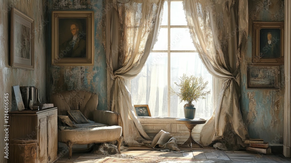 Worn room with drapes, chair, paintings, and some plants. Worn room with drapes, chair, paintings, and some plants.