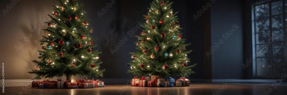 Evergreen tree with ornaments and lights in a dark room, artificial lights, christmas decorations Evergreen tree with ornaments and lights in a dark room, artificial lights, christmas decorations