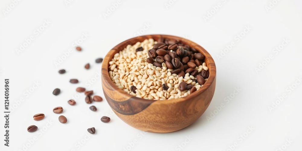 Cocoa nibs in wooden bowl on white background, sugar free natural antidepressant, crushed beans, weak roasting, cereals smoothies desserts drinks, natural antidepressant, wooden bowl, cereals Cocoa nibs in wooden bowl on white background, sugar free natural antidepressant, crushed beans, weak roasting, cereals smoothies desserts drinks, natural antidepressant, wooden bowl, cereals
