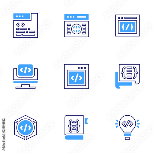 Programming icon set. Bold line style. Duotone colors. Editable stroke. web coding, website, monitor, idea, programming, d programming, book, code, css