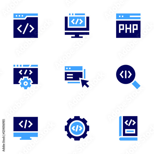 Programming icon set. Bold style. Duotone colors. book, computing, coding, code, programming, php, development, setting