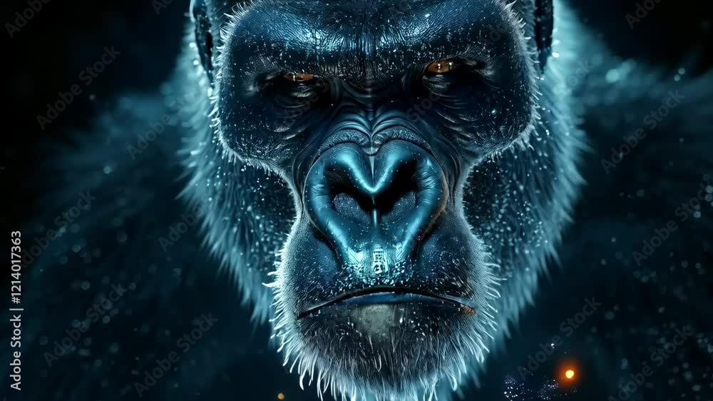 Majestic and powerful gorilla portrait with intense gaze, showcasing detailed fur under mystical blue glow, embodies essence of wildlife in dark and captivating close up. Majestic and powerful gorilla portrait with intense gaze, showcasing detailed fur under mystical blue glow, embodies essence of wildlife in dark and captivating close up.