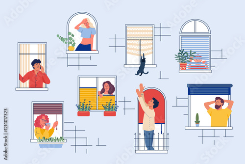 People in windows spaces home with different types of window treatments: curtains, shades, blinds. Neighbors living in apartment building, talk on phone, drink coffee and rest Flat vector illustration