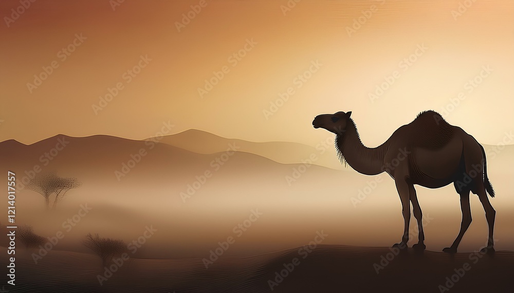 Silhouette of camel in desert with full moon.