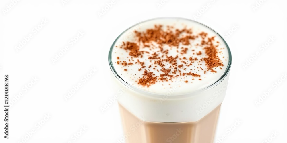 Iced coffee latte cappuccino with ice in glass, milk foam, and cocoa powder isolated on white background, milk foam, cocoa powder, sprinkle Iced coffee latte cappuccino with ice in glass, milk foam, and cocoa powder isolated on white background, milk foam, cocoa powder, sprinkle