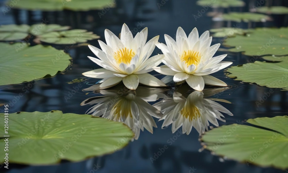 Close-up of white lily pad blossom reflecting on mirrored water surface, water, surface, nature, blossom, lily pad Close-up of white lily pad blossom reflecting on mirrored water surface, water, surface, nature, blossom, lily pad
