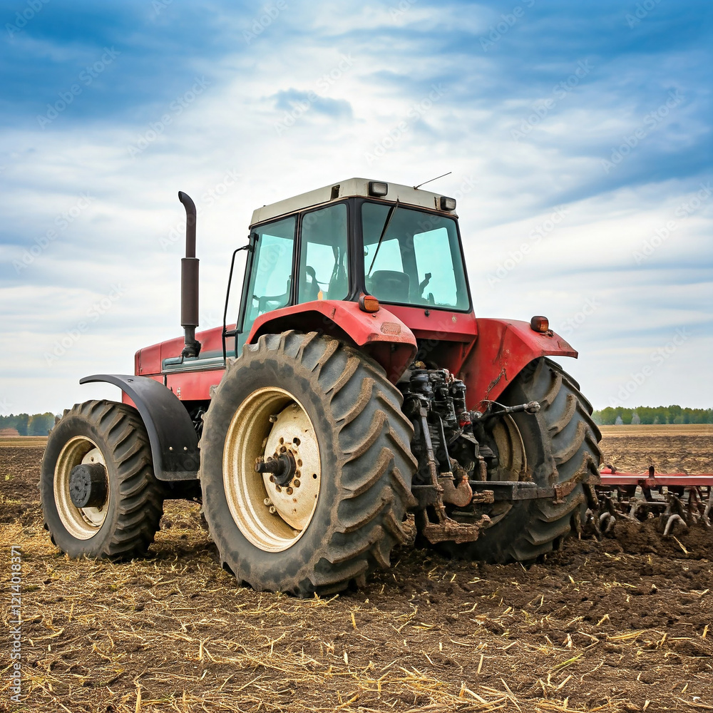 tractor in agricultural field. Rear view of a large tractor of red color standing in a field. Start tillage after harvest. farming concept. tractor in agricultural field. Rear view of a large tractor of red color standing in a field. Start tillage after harvest. farming concept.