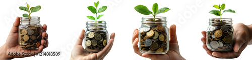 tree growing Glass jar full of  coins and sprouting plants in hand woman
