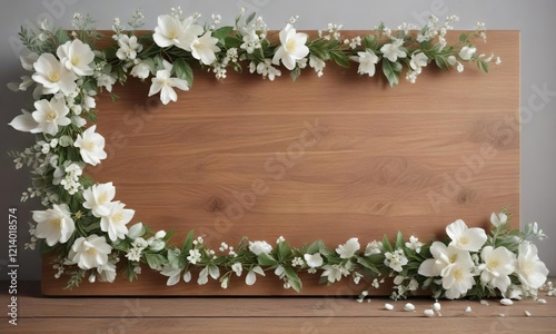 Elegant wooden board embellished with white leaves and flower garland, elegant, flower garland, classy, design, wooden board photo