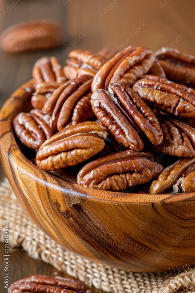 A wooden bowl filled with shelled pecan nuts placed on a rustic wooden table. The rich brown tones and wrinkled texture of the pecans highlight their natural and nutritious appeal.
A wooden bowl filled with shelled pecan nuts placed on a rustic wooden table. The rich brown tones and wrinkled texture of the pecans highlight their natural and nutritious appeal.