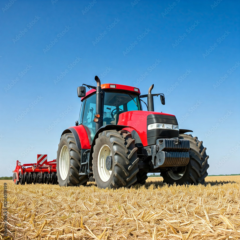 tractor in agricultural field. Rear view of a large tractor of red color standing in a field. Start tillage after harvest. farming concept. tractor in agricultural field. Rear view of a large tractor of red color standing in a field. Start tillage after harvest. farming concept.