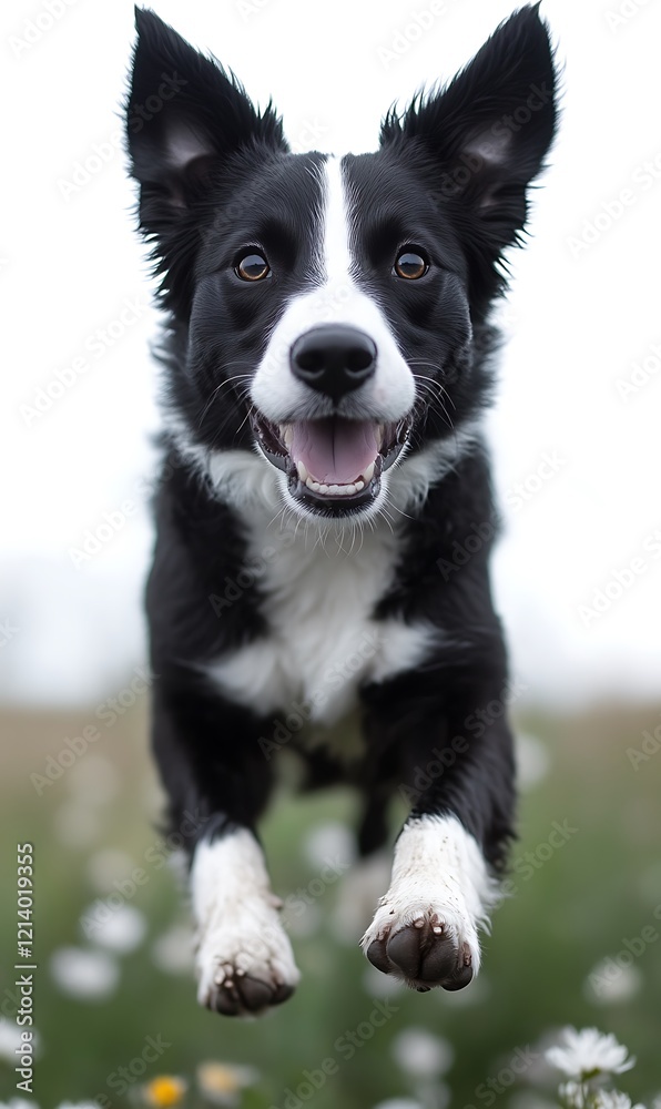 Fototapeta premium Joyful Border Collie Leaps Through Meadow: A Vibrant Action Shot