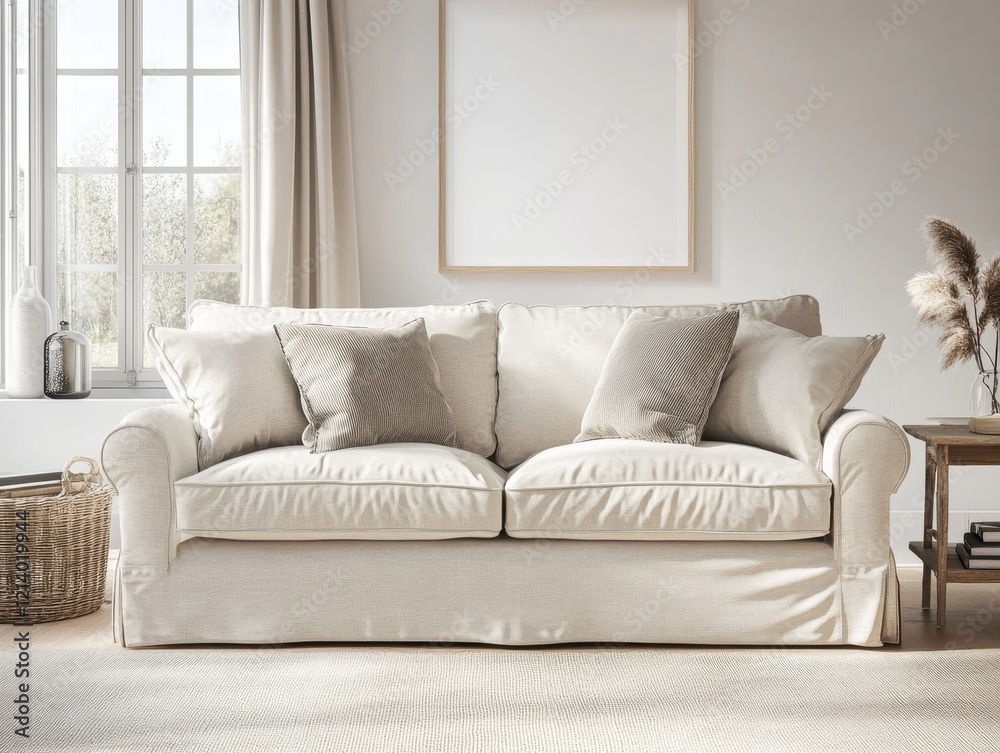 Serene Living Room with Beige Sofa and Mock-up Frame. Serene Living Room with Beige Sofa and Mock-up Frame.