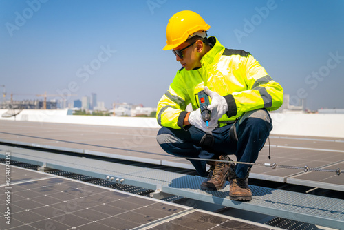 Wallpaper Mural The technician Inspecting Solar Panels on a Factory Roof. An engineer wearing safety gear performing maintenance on solar panels installed on a factory rooftop, ensuring optimal energy efficiency. Torontodigital.ca