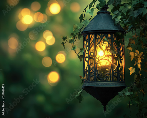 An elven lantern with delicate vines and leaf patterns, glowing softly, perfect for magical, fairytale-inspired spaces. photo