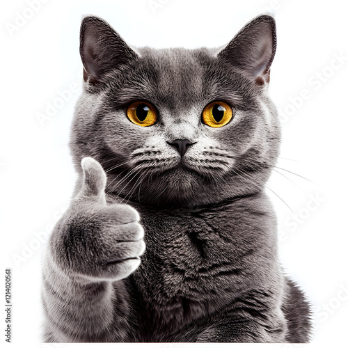 a chubby British shorthair grey cat have thumb up hand white background