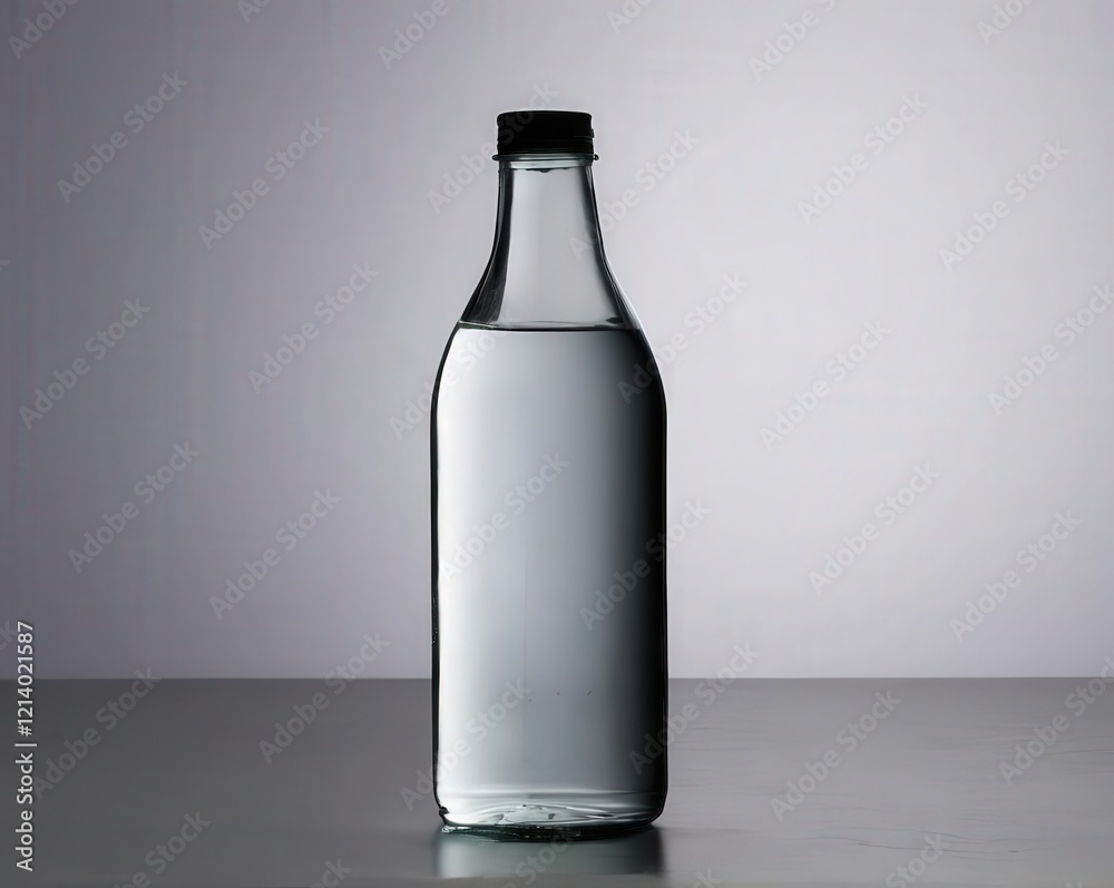Minimalist glass water bottle on a reflective surface with a neutral background Minimalist glass water bottle on a reflective surface with a neutral background