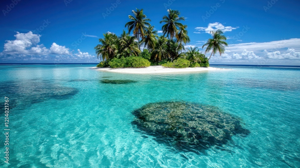 Fototapeta premium Tropical Island Paradise Lush Green Palm Trees White Sandy Beach