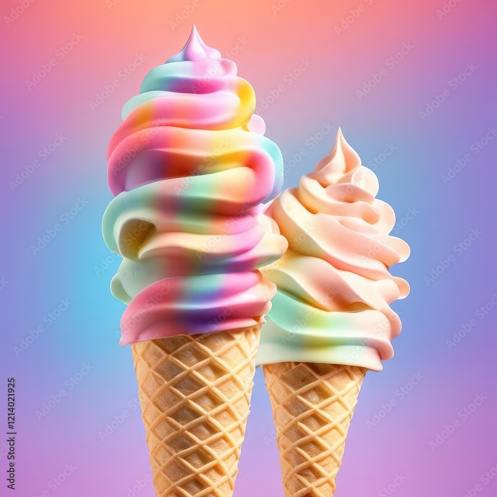 Rainbow and pastel swirl ice creams in waffle cones with a colorful gradient background Rainbow and pastel swirl ice creams in waffle cones with a colorful gradient background