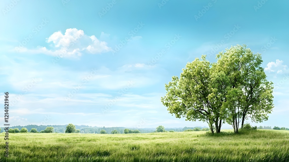 Picturesque countryside landscape featuring a lush verdant meadow with tall trees in full bloom set against a bright dramatic sky on a sunny summer day This serene Picturesque countryside landscape featuring a lush verdant meadow with tall trees in full bloom set against a bright dramatic sky on a sunny summer day This serene