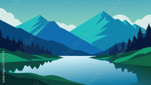 Lake nestled among majestic mountains, bordered by lush green grass, reflecting the beauty of nature flat vector illustration.