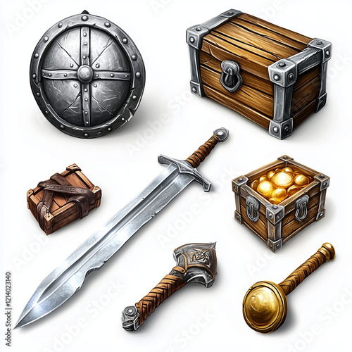 collection of medieval weapons and treasure items including swords shields and ancient chests perfect for role playing games fantasy themes and historical designs photo