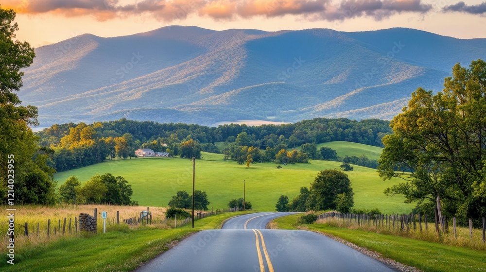 Fototapeta premium Serene Country Road Winding Through Lush Green Hills and Mountains at Sunset.