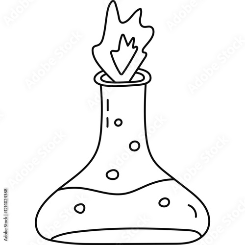 Cute doodle laboratory beaker with fire and chemical solution. Flat-bottomed flask, glassware, tube for science experiment, chemistry, biology test. Hand drawn lab equipment isolated on white