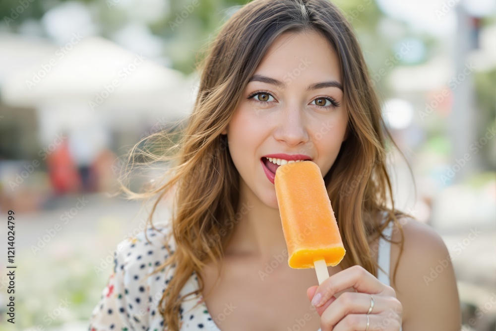 Attractive young woman eating a orange popsicle looking at the camera on summer Attractive young woman eating a orange popsicle looking at the camera on summer