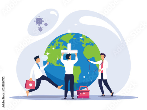 Doctors check the health world globe with a stethoscope in the order of world health day.