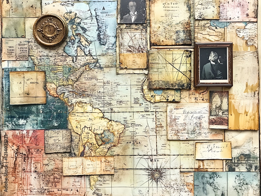 Fototapeta premium Antique World Map Collage: A Distressed Vintage Artwork
