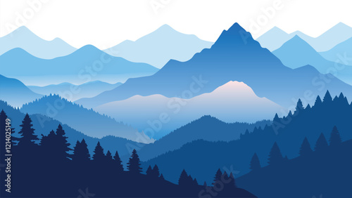  Misty mountain range enveloped in fog, surrounded by dense trees, evoking a tranquil atmosphere flat vector illustration.