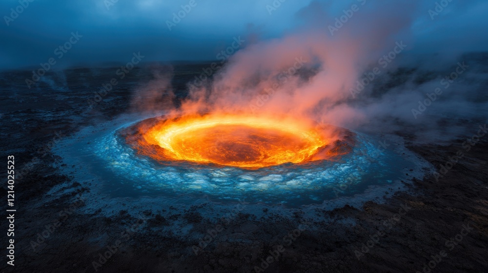 Fiery volcanic crater erupts at dusk glowing magma and billowing steam illuminate the night sky Fiery volcanic crater erupts at dusk glowing magma and billowing steam illuminate the night sky