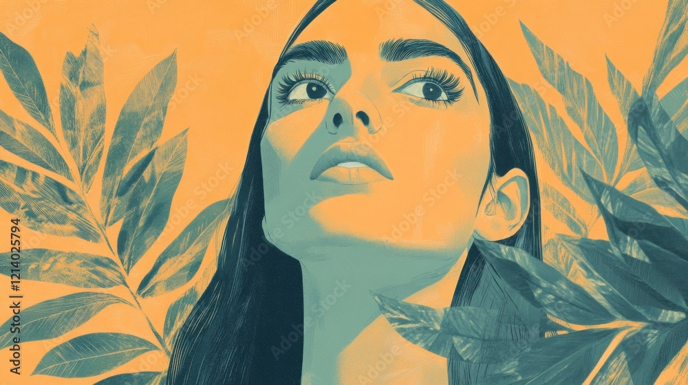 Woman with dark hair framed by teal leaves