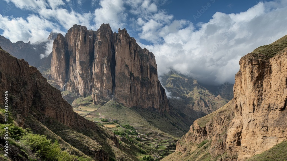 Majestic Mountain Valley Dramatic Cliffs Terraced Fields Majestic Mountain Valley Dramatic Cliffs Terraced Fields