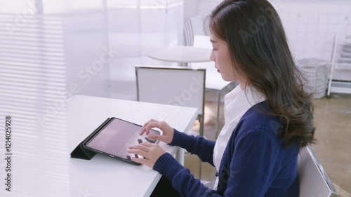 Wallpaper Mural woman uses a tablet while working in a working space. Torontodigital.ca