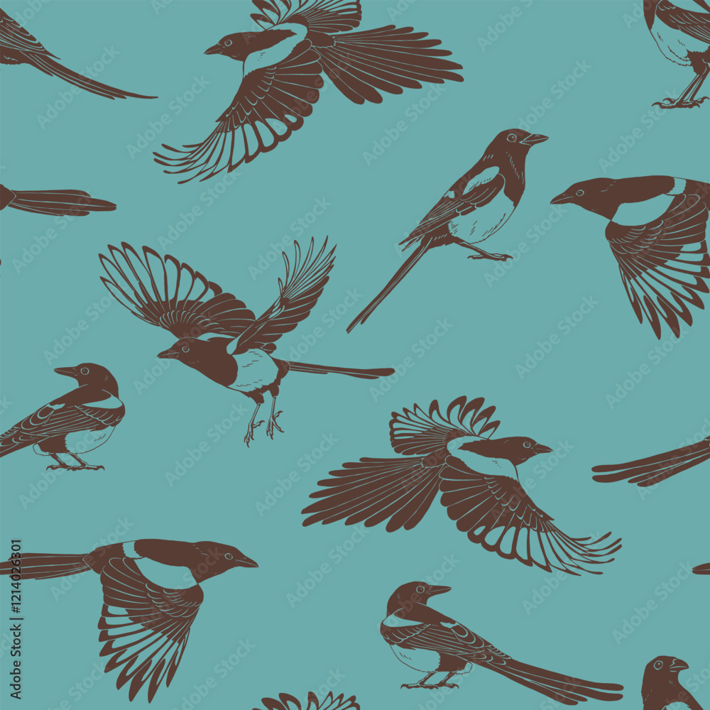 Obraz premium Seamless pattern with bird, magpie. Hand drawn vector illustration.