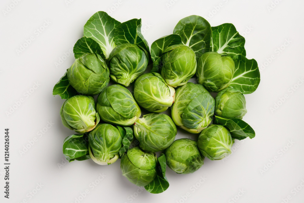 A collection of fresh Brussels sprouts arranged in a heart shape with green leaves, placed on a white background. The vibrant green color and textures highlight their natural beauty.
A collection of fresh Brussels sprouts arranged in a heart shape with green leaves, placed on a white background. The vibrant green color and textures highlight their natural beauty.