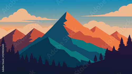 Mountains surrounded by trees and clouds, showcasing the beauty of nature's landscape flat vector illustration.