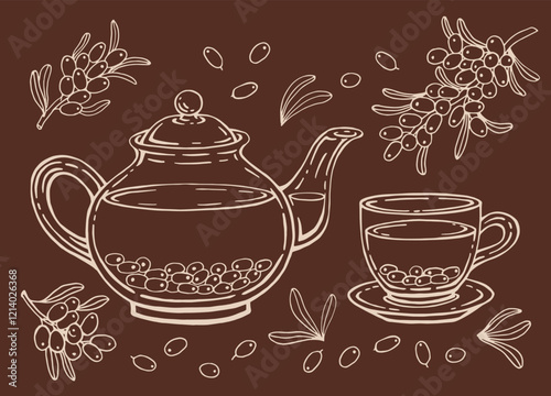 Hand drawn teapot, cup, sea buckthorn. Vector illustration in outline style.