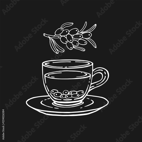 Cup of tea with sea buckthorn. Hand drawn vector illustration in outline style.