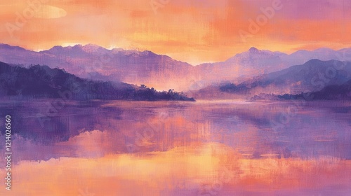 ethereal mountain landscape at golden hour misty valleys purpleorange sky reflection on calm lake impressionistic style photo