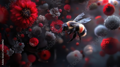 A bee is flying through a field of red flowers
