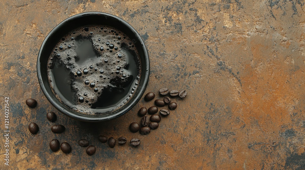 Aromatic Black Coffee in Rustic Bowl with Beans. Aromatic Black Coffee in Rustic Bowl with Beans.