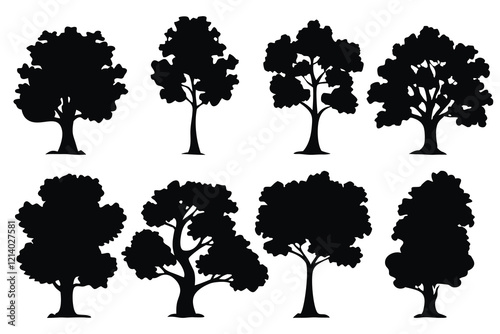 Oak tree silhouettes set isolated flat vector illustration on white background.