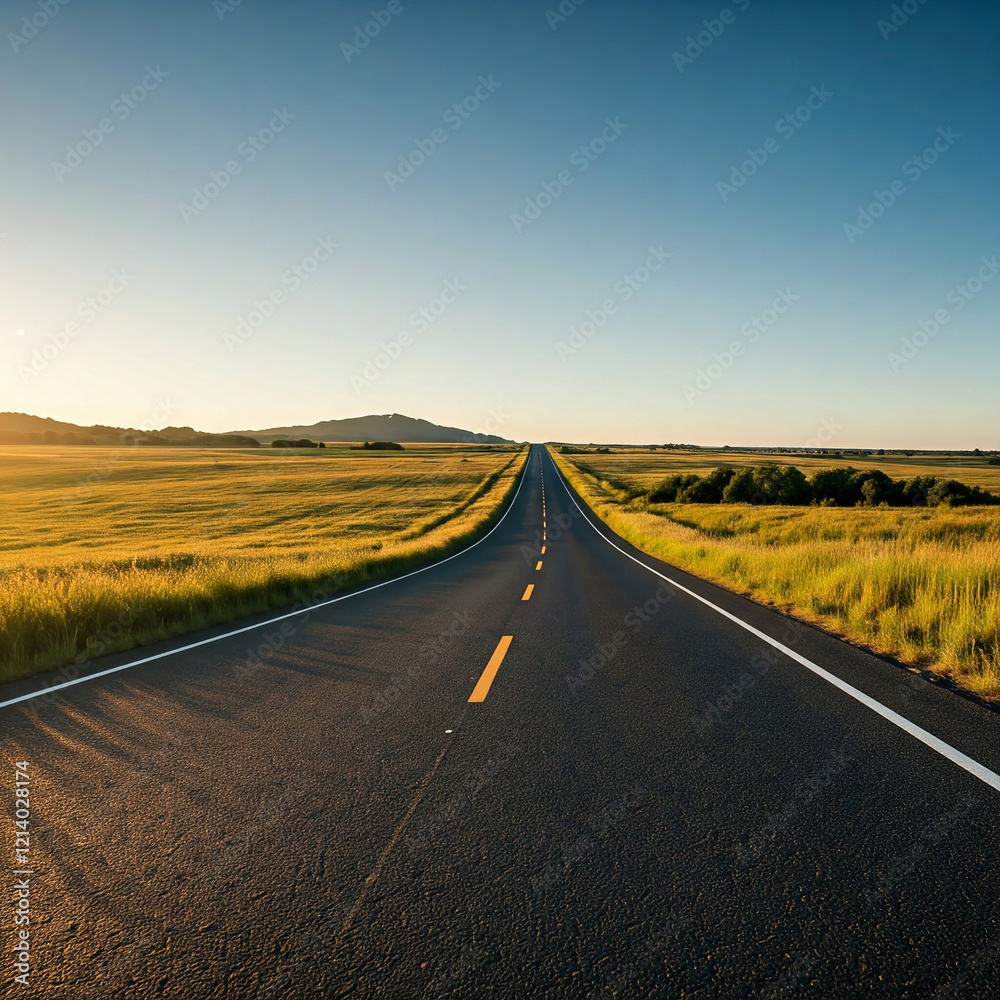 Fototapeta premium road in the countryside field. Empty road passing through grassy landscape under blue sky.