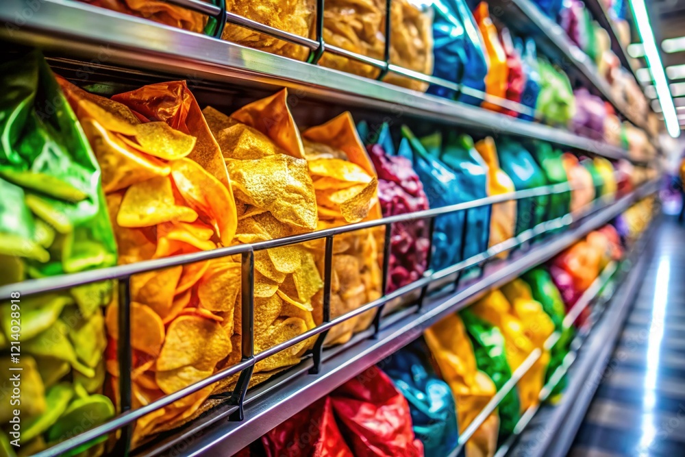 Fototapeta premium Colorful Potato Chip Variety Pack on Grocery Store Shelf - Snack Food Aisle